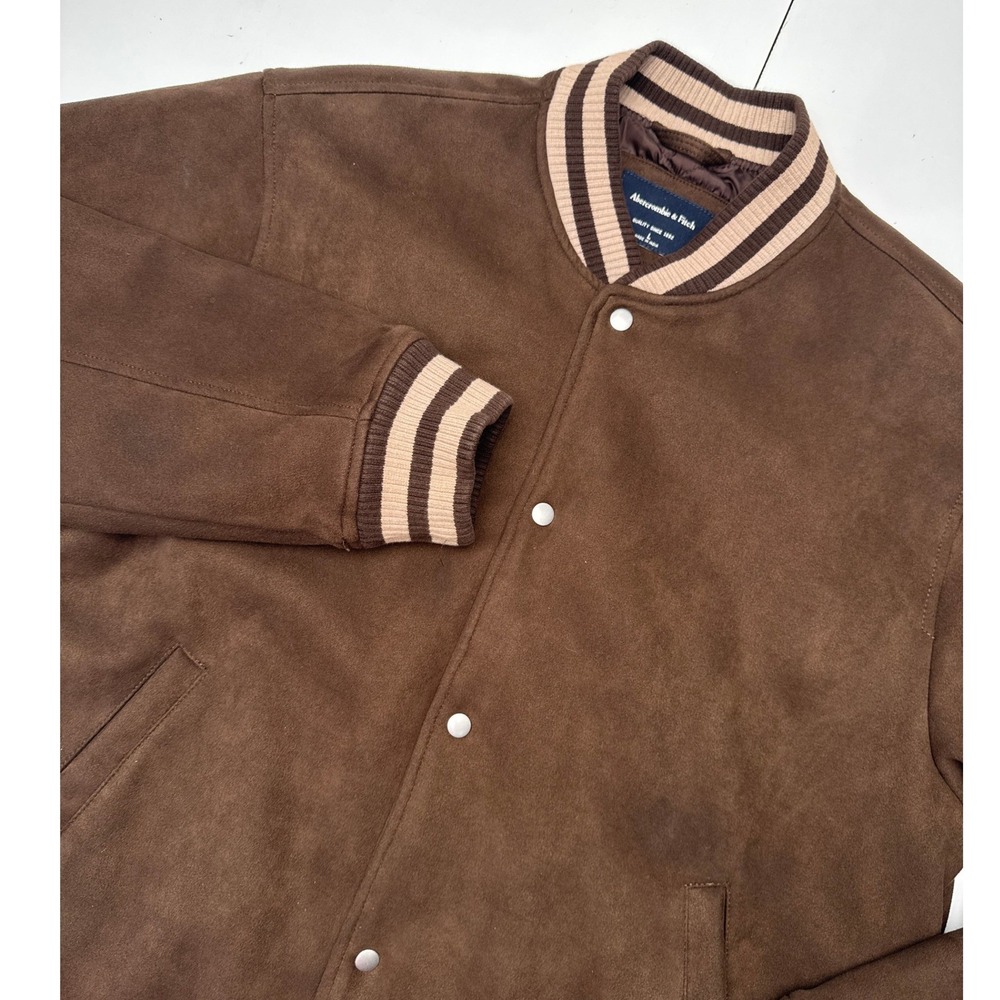 Abercrombie & Fitch Mens Brown Faux Suede Varsity Bomber Jacket Large L